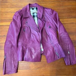 Authentic Burberry Brit Chorleywod Motorcycle Purple Leather Jacket size 4 US